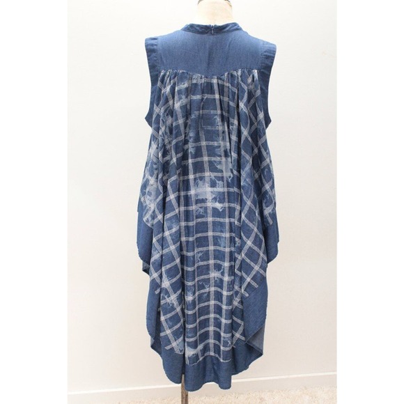 For Her NYC Blouse Top XL High Low Hem Chambray Blue Tie Dyed Plaid Cape-like - Picture 3 of 9